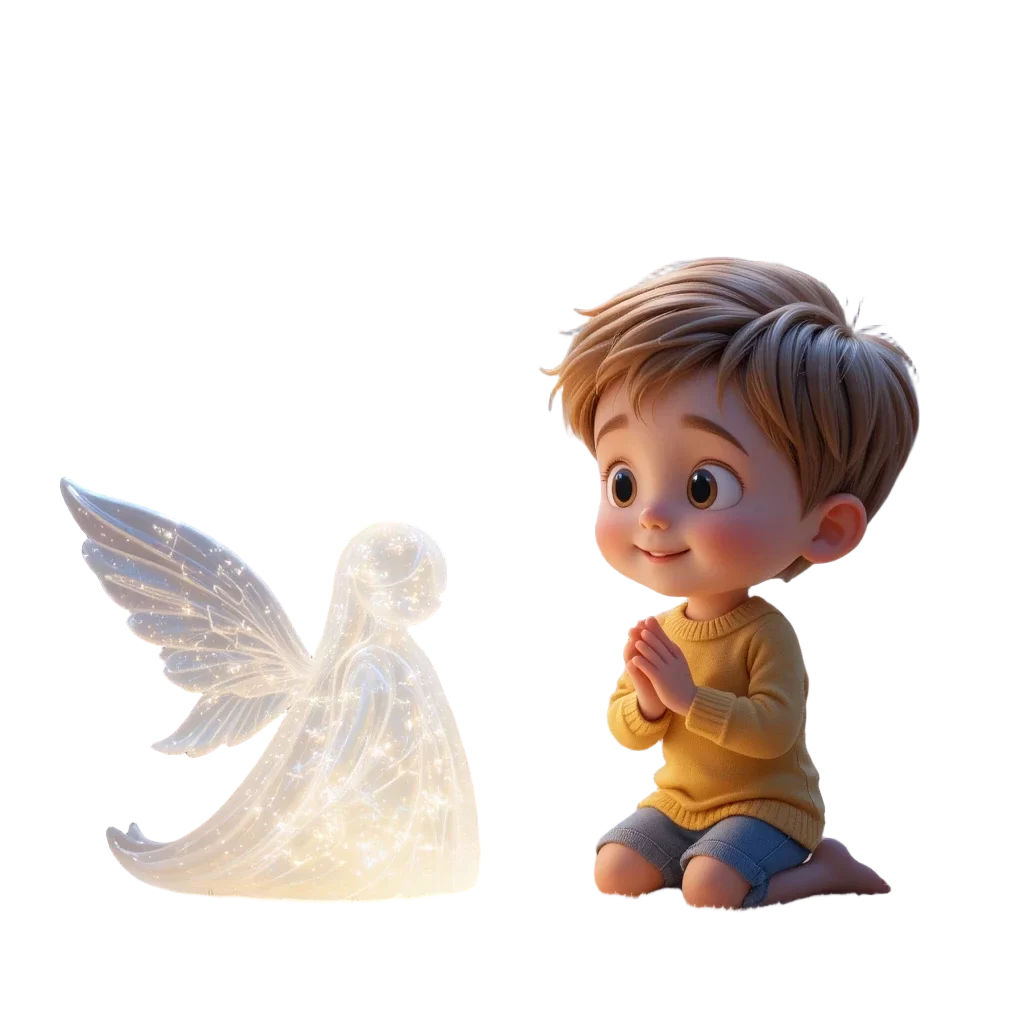 Menino sorrindo ao lado de um anjo animado, simbolizando aprendizado cristão.
