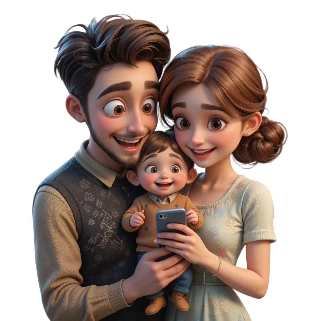 Família feliz, pai, mãe e filho, usando um notebook juntos.