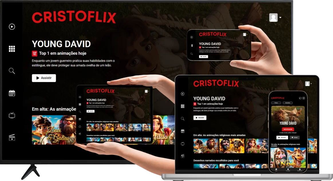 Cristoflix sendo exibido em uma TV, notebook, tablet e celular.